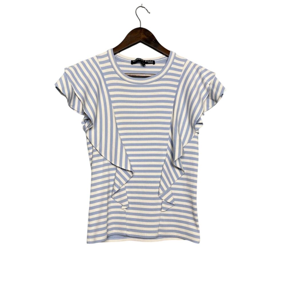 VERONICA BEARD Bea Striped Ruffle Tee Coastal Blue White Women’s Size XS